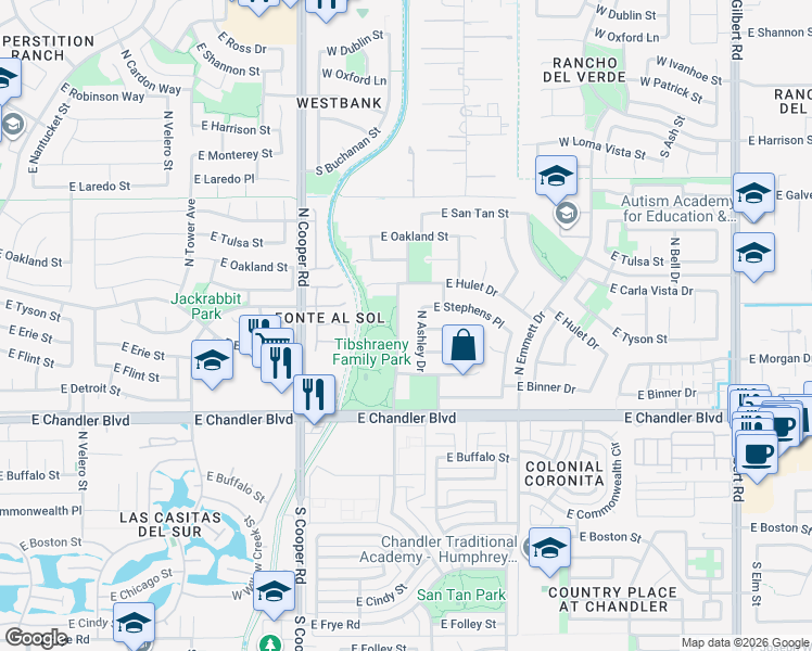 map of restaurants, bars, coffee shops, grocery stores, and more near 332 North Ashley Drive in Chandler