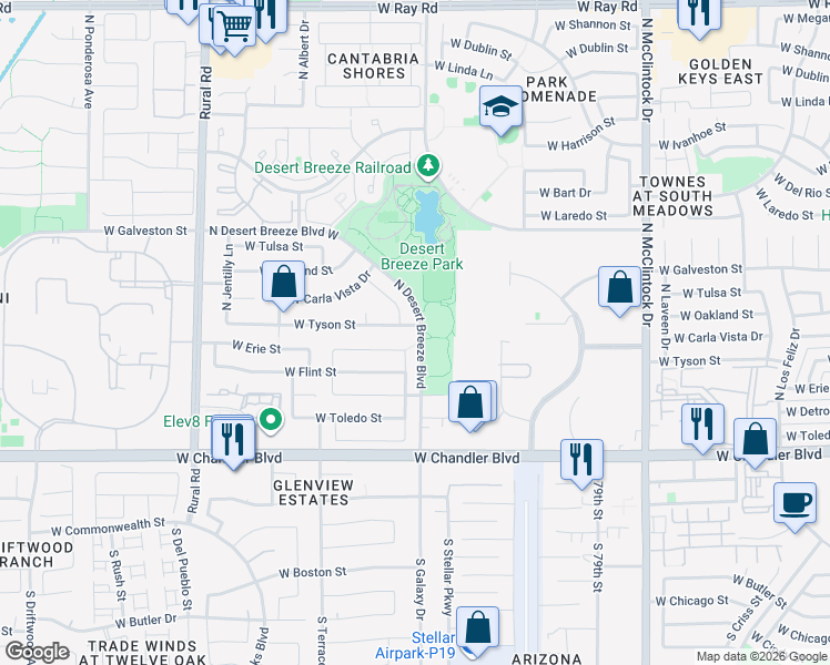 map of restaurants, bars, coffee shops, grocery stores, and more near 371 North Kenneth Place in Chandler
