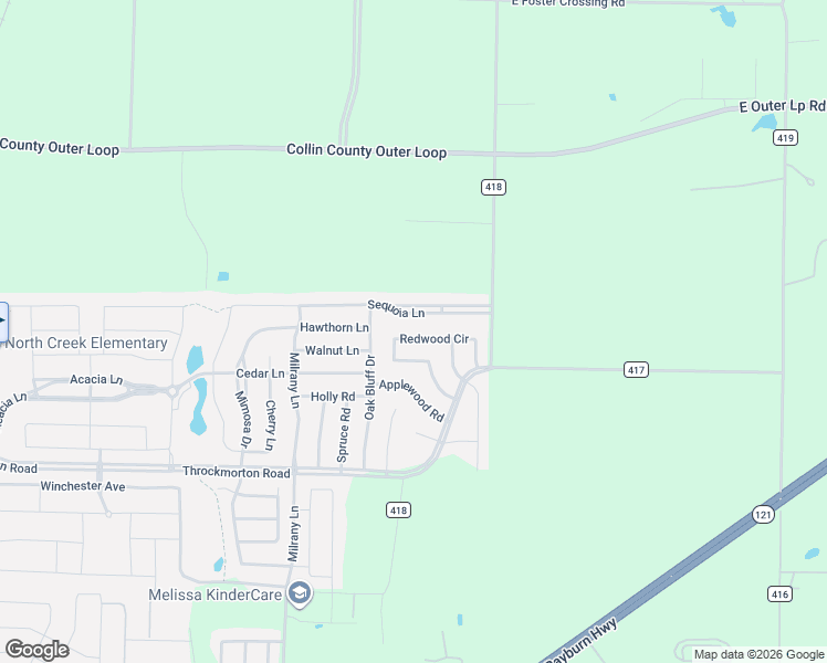 map of restaurants, bars, coffee shops, grocery stores, and more near 3600 Redwood Circle in Melissa