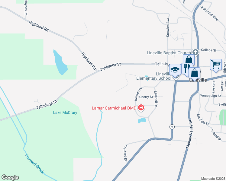 map of restaurants, bars, coffee shops, grocery stores, and more near 230 Pine Ridge Drive in Lineville