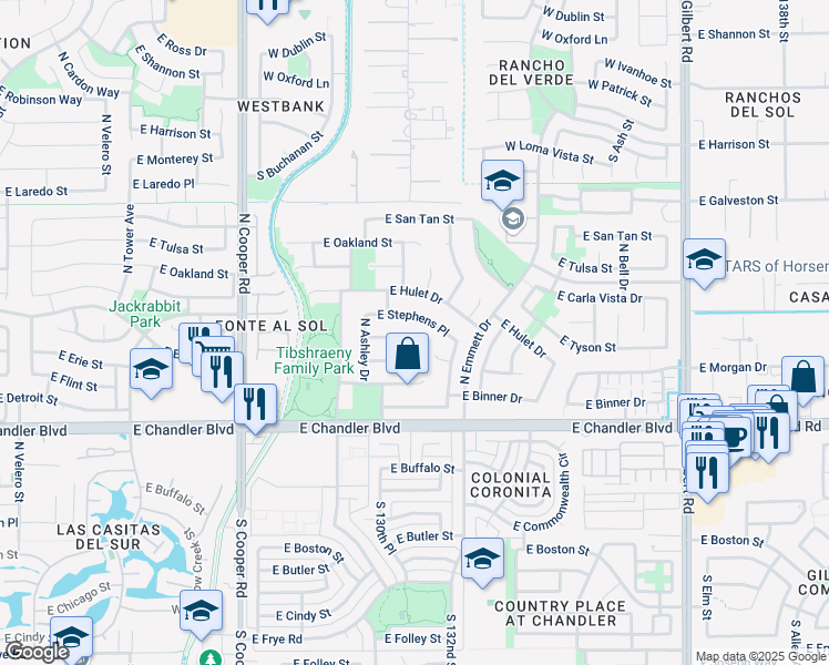 map of restaurants, bars, coffee shops, grocery stores, and more near 2442 East Detroit Court in Chandler