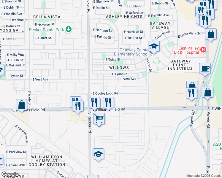 map of restaurants, bars, coffee shops, grocery stores, and more near 4155 East Pony Lane in Gilbert
