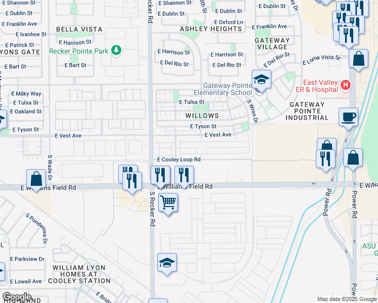 map of restaurants, bars, coffee shops, grocery stores, and more near 4155 East Pony Lane in Gilbert