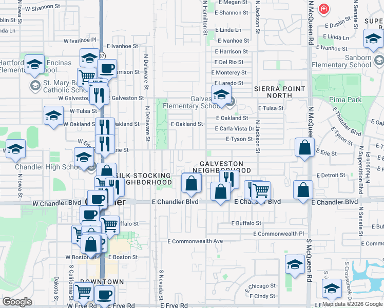 map of restaurants, bars, coffee shops, grocery stores, and more near 374 North Hamilton Street in Chandler