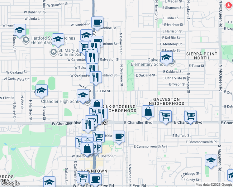 map of restaurants, bars, coffee shops, grocery stores, and more near 365 North Colorado Street in Chandler