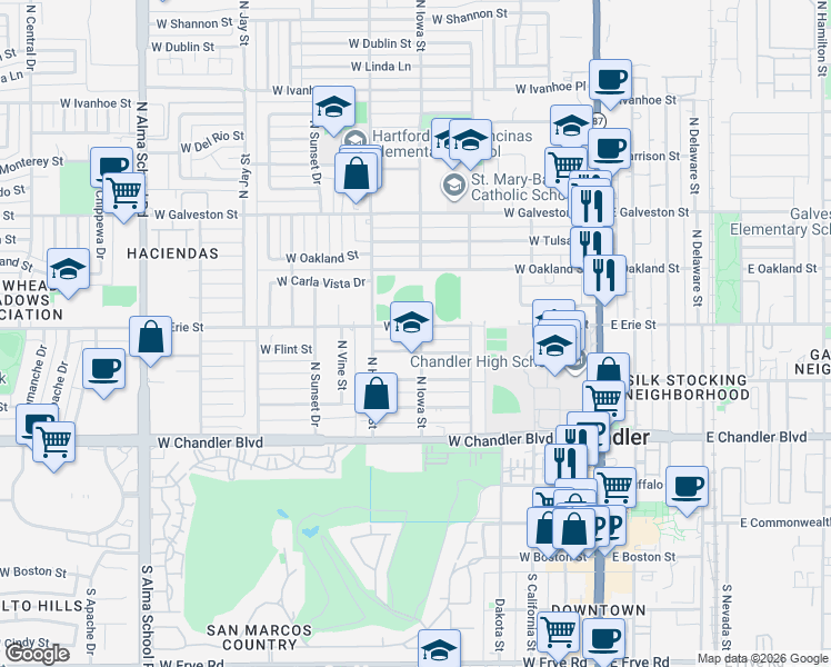 map of restaurants, bars, coffee shops, grocery stores, and more near 528 West Flint Street in Chandler
