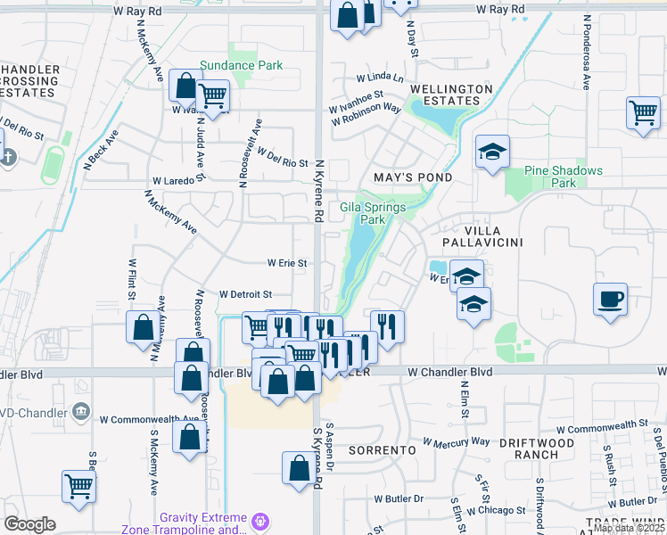 map of restaurants, bars, coffee shops, grocery stores, and more near 411 North Kyrene Road in Chandler