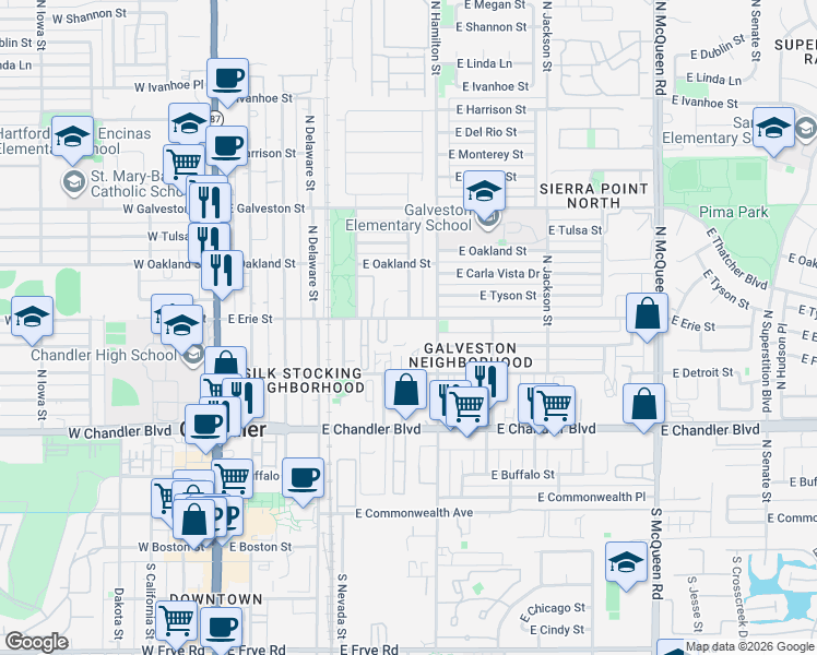 map of restaurants, bars, coffee shops, grocery stores, and more near 374 North Hamilton Street in Chandler