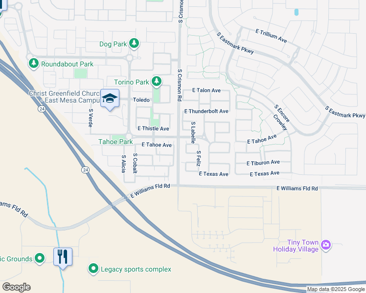 map of restaurants, bars, coffee shops, grocery stores, and more near 5824 South Abbey in Mesa