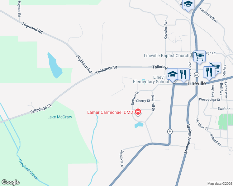 map of restaurants, bars, coffee shops, grocery stores, and more near 230 Pine Ridge Drive in Lineville