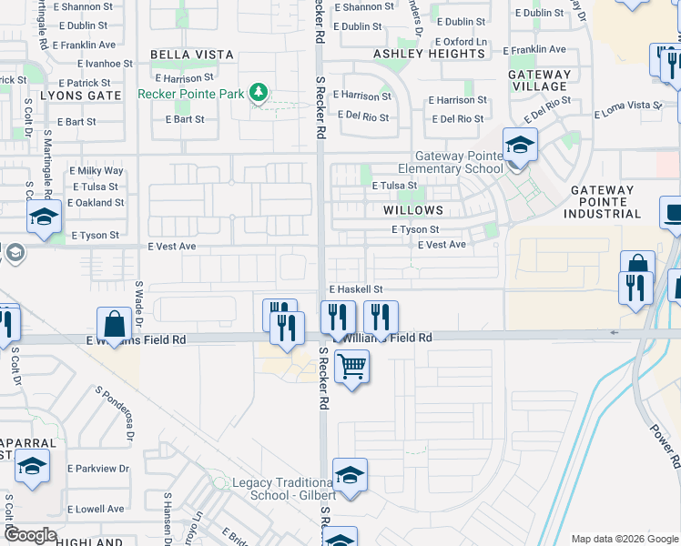 map of restaurants, bars, coffee shops, grocery stores, and more near 4021 East Pony Lane in Gilbert