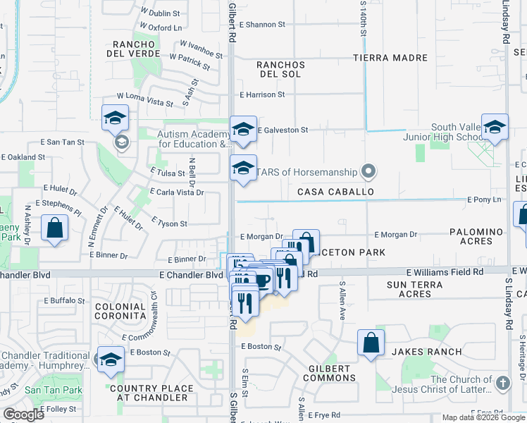 map of restaurants, bars, coffee shops, grocery stores, and more near 13708 E Morgan Dr in Gilbert