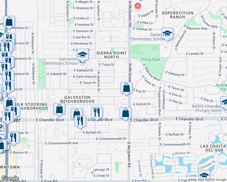 map of restaurants, bars, coffee shops, grocery stores, and more near 898 East Flint Street in Chandler