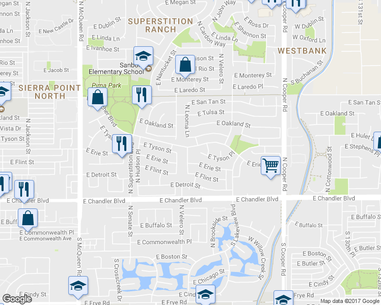 map of restaurants, bars, coffee shops, grocery stores, and more near 431 North Leoma Lane in Chandler