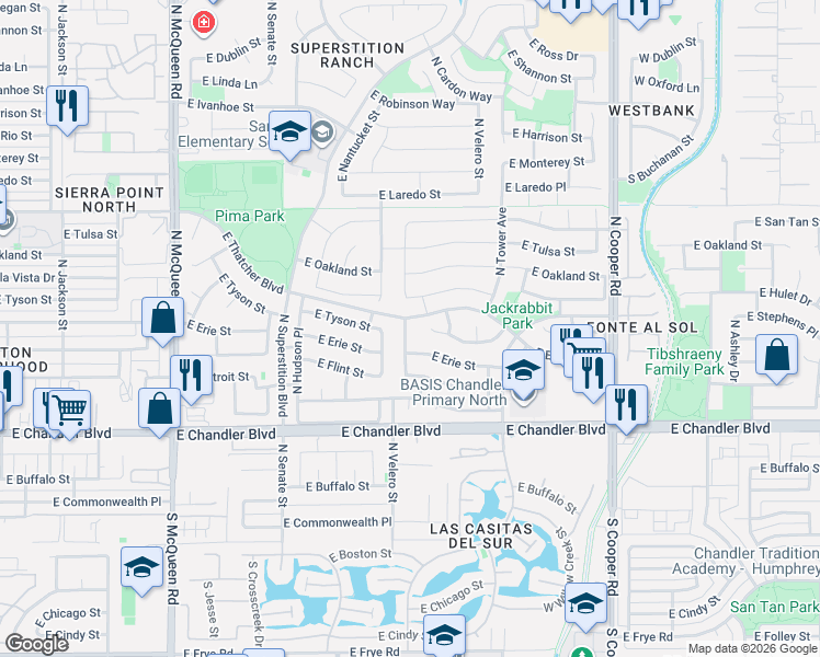 map of restaurants, bars, coffee shops, grocery stores, and more near 431 North Leoma Lane in Chandler