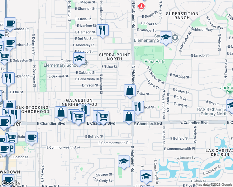 map of restaurants, bars, coffee shops, grocery stores, and more near 898 East Flint Street in Chandler