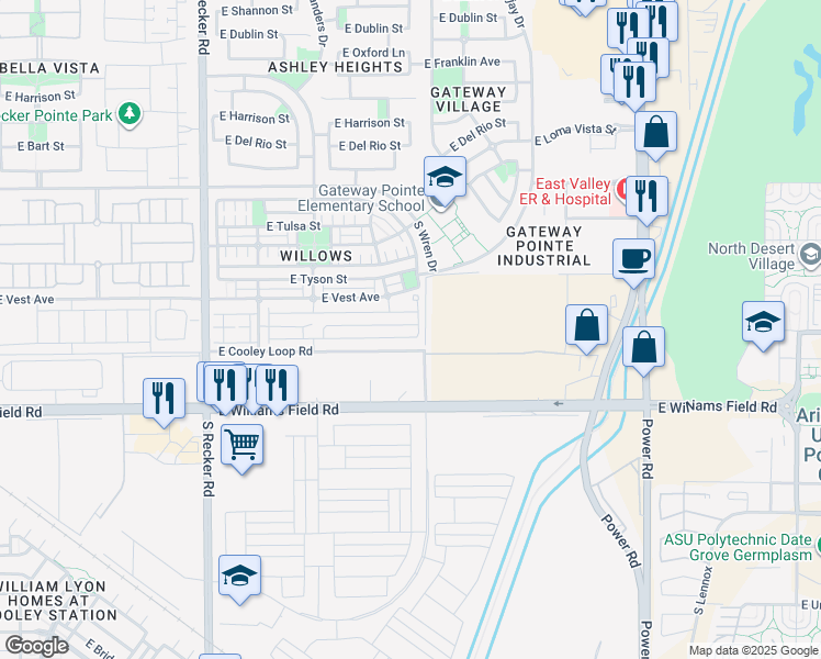 map of restaurants, bars, coffee shops, grocery stores, and more near 4369 East Toledo Street in Gilbert
