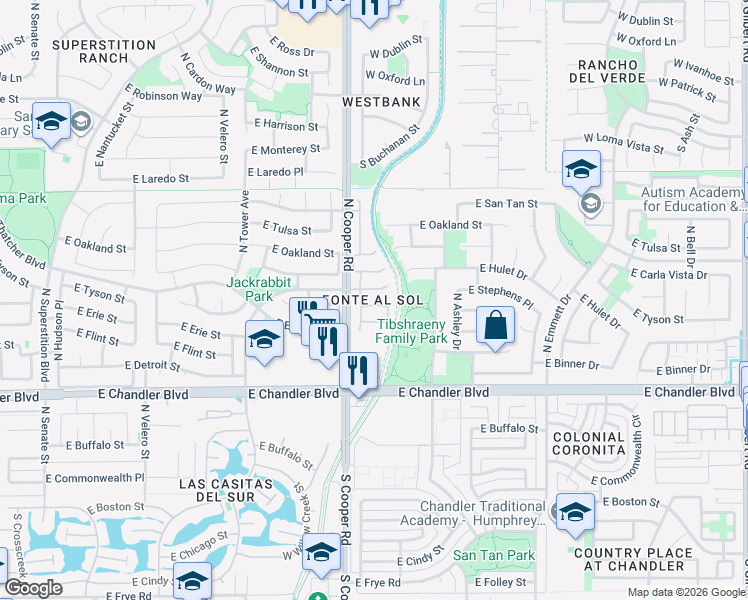 map of restaurants, bars, coffee shops, grocery stores, and more near 2080 East Detroit Street in Chandler