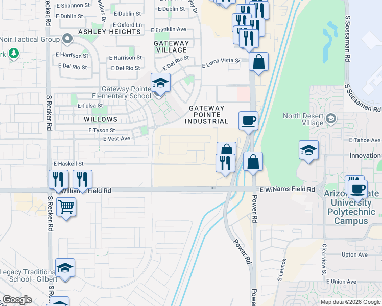 map of restaurants, bars, coffee shops, grocery stores, and more near 5850 South Power Road in Gilbert
