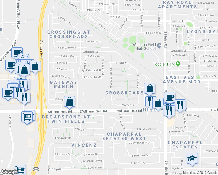 map of restaurants, bars, coffee shops, grocery stores, and more near 2835 East Toledo Court in Gilbert