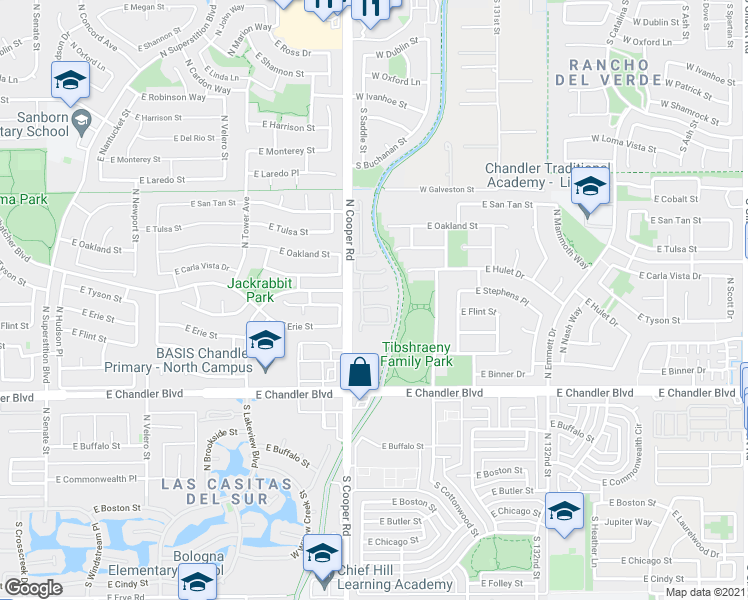 map of restaurants, bars, coffee shops, grocery stores, and more near 2080 East Detroit Street in Chandler