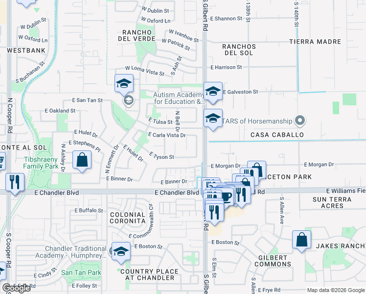 map of restaurants, bars, coffee shops, grocery stores, and more near 2872 East Tyson Street in Chandler