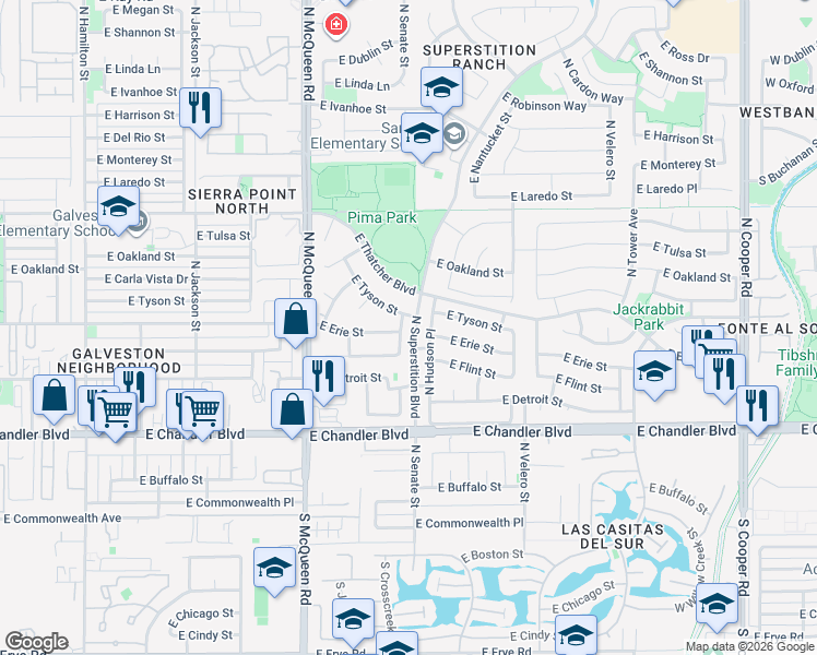map of restaurants, bars, coffee shops, grocery stores, and more near in Chandler