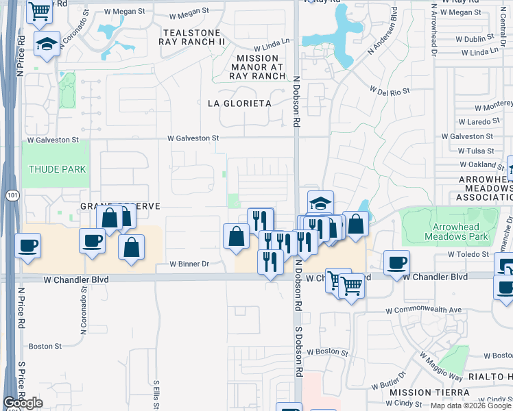 map of restaurants, bars, coffee shops, grocery stores, and more near 2111 West Flint Street in Chandler