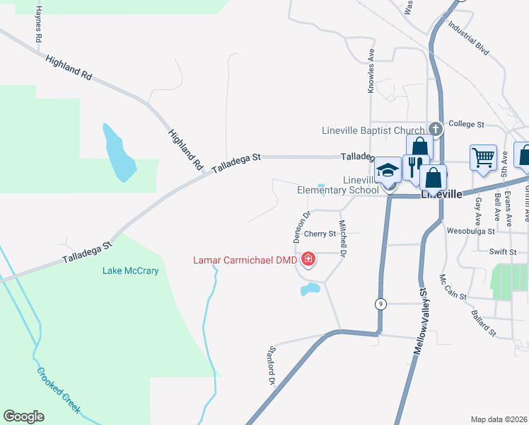 map of restaurants, bars, coffee shops, grocery stores, and more near 165 Pine Ridge Drive in Lineville