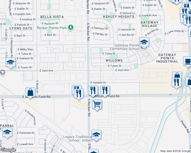 map of restaurants, bars, coffee shops, grocery stores, and more near 2216 South Swallow Lane in Gilbert