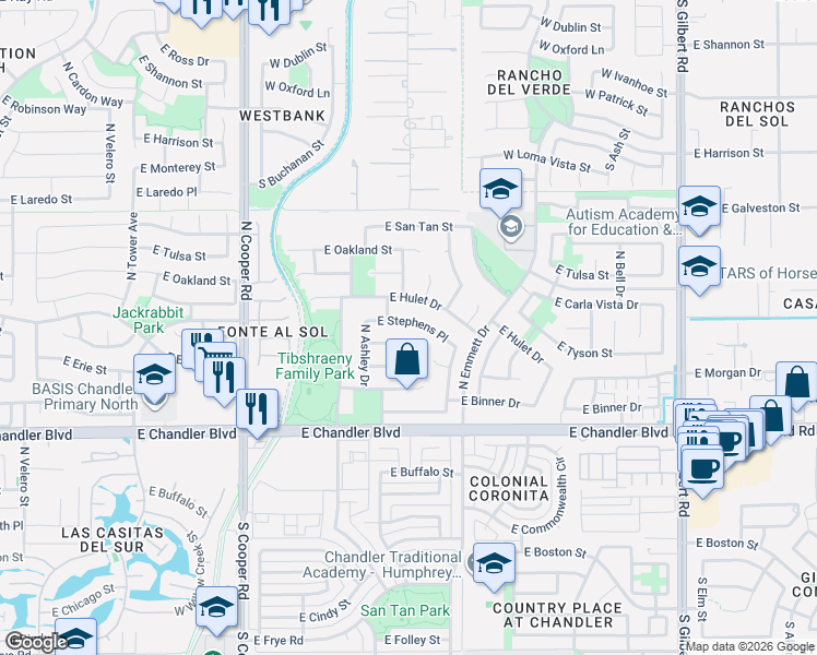 map of restaurants, bars, coffee shops, grocery stores, and more near 2283 East Hulet Drive in Chandler