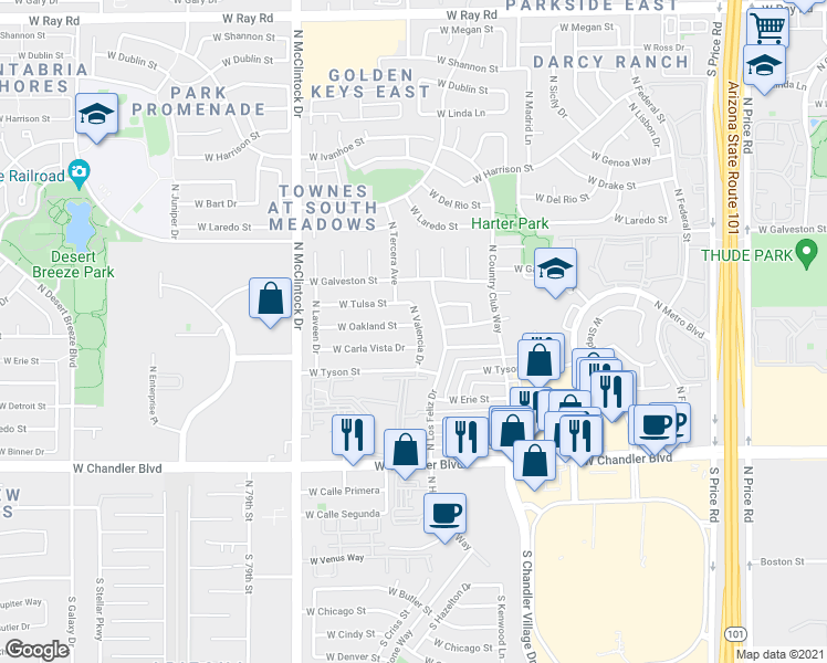 map of restaurants, bars, coffee shops, grocery stores, and more near 420 North Los Feliz Drive in Chandler