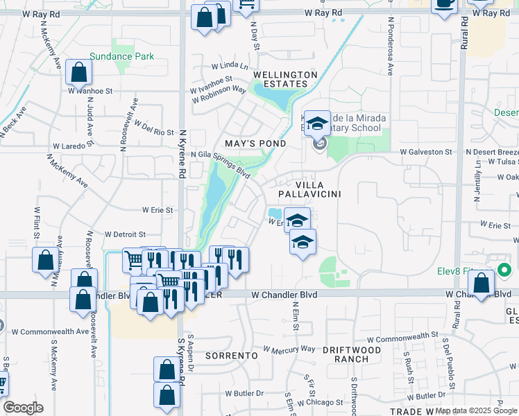 map of restaurants, bars, coffee shops, grocery stores, and more near 5665 West Galveston Street in Chandler