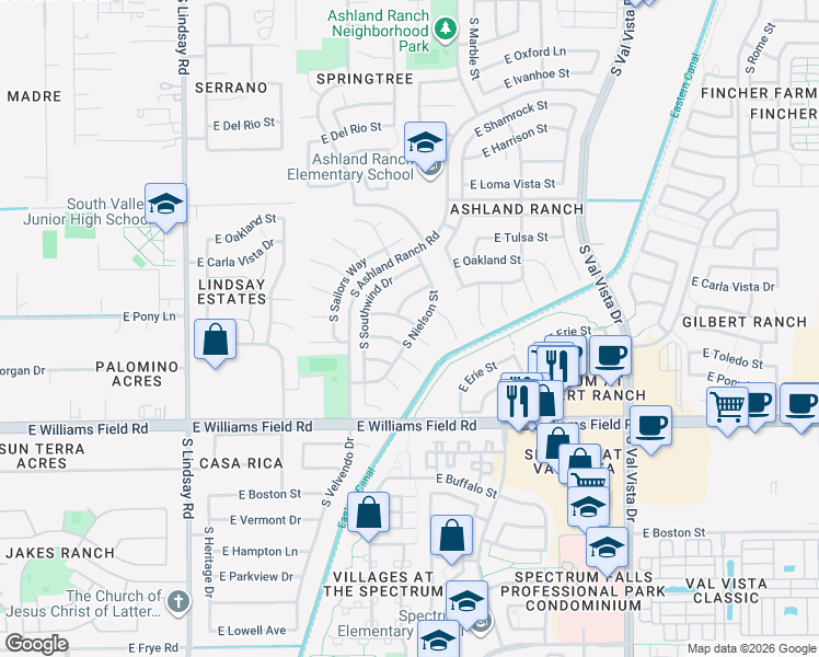 map of restaurants, bars, coffee shops, grocery stores, and more near 2192 South Nielson Street in Gilbert