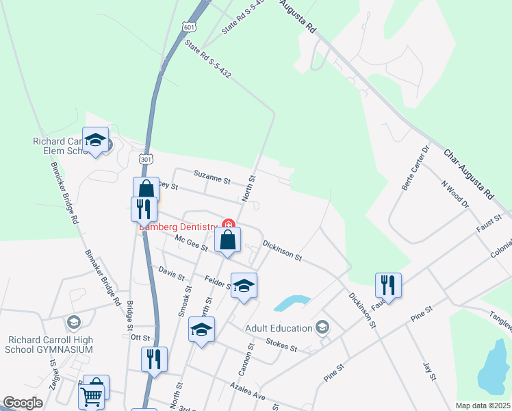 map of restaurants, bars, coffee shops, grocery stores, and more near 40 Village Court in Bamberg