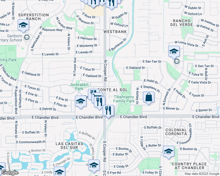 map of restaurants, bars, coffee shops, grocery stores, and more near 2075 East Hulet Drive in Chandler