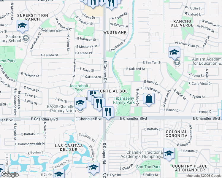 map of restaurants, bars, coffee shops, grocery stores, and more near 2047 East Stephens Place in Chandler