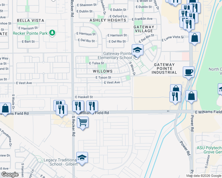map of restaurants, bars, coffee shops, grocery stores, and more near 4223 East Vest Avenue in Gilbert