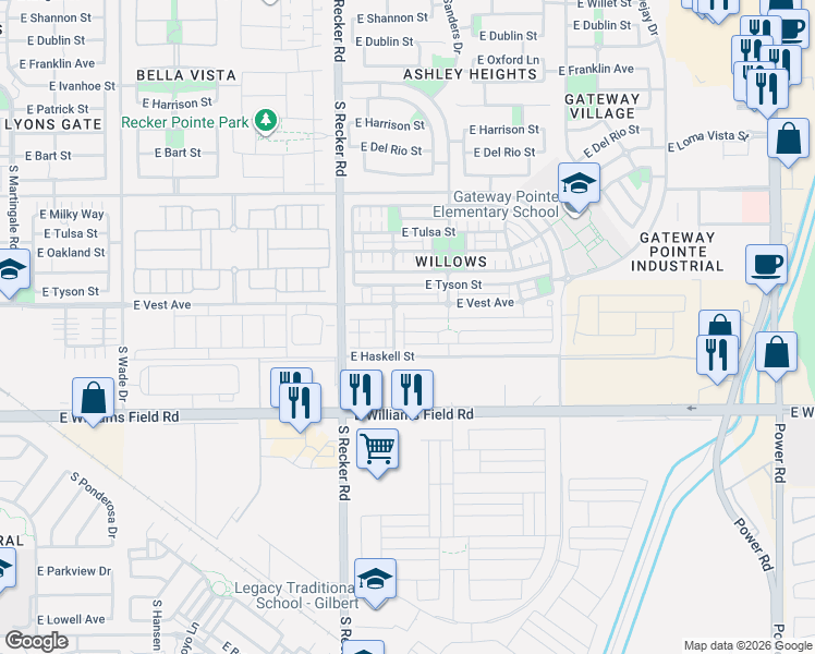 map of restaurants, bars, coffee shops, grocery stores, and more near 2216 South Swallow Lane in Gilbert