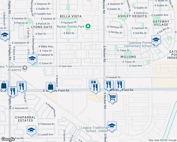map of restaurants, bars, coffee shops, grocery stores, and more near 3880 East Vest Avenue in Gilbert