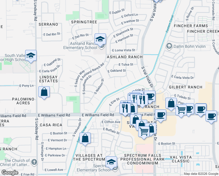 map of restaurants, bars, coffee shops, grocery stores, and more near 2164 South Quartz Court in Gilbert