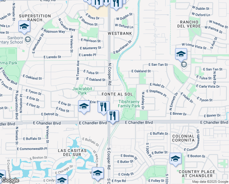 map of restaurants, bars, coffee shops, grocery stores, and more near 2075 East Hulet Drive in Chandler