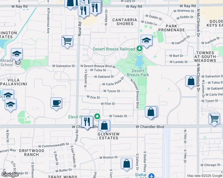 map of restaurants, bars, coffee shops, grocery stores, and more near 4721 West Carla Vista Drive in Chandler