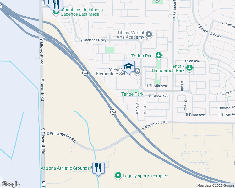 map of restaurants, bars, coffee shops, grocery stores, and more near 9636 East Twinkle Circle in Mesa