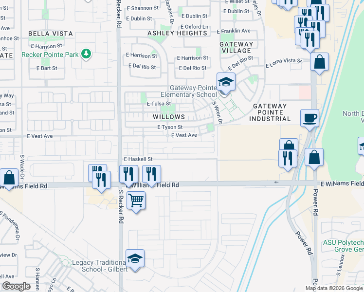 map of restaurants, bars, coffee shops, grocery stores, and more near 4223 East Vest Avenue in Gilbert