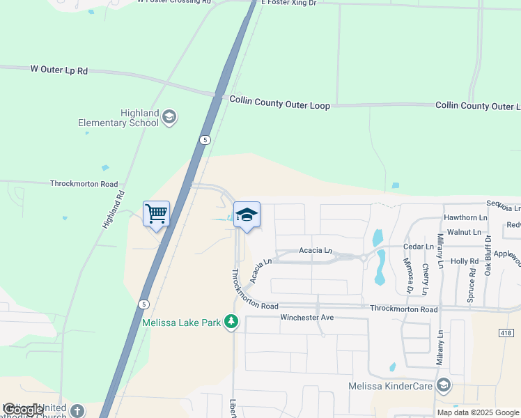 map of restaurants, bars, coffee shops, grocery stores, and more near 2718 Willow Lane in Melissa