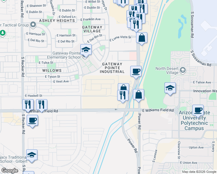 map of restaurants, bars, coffee shops, grocery stores, and more near 2085 Bluejay Dr in Gilbert