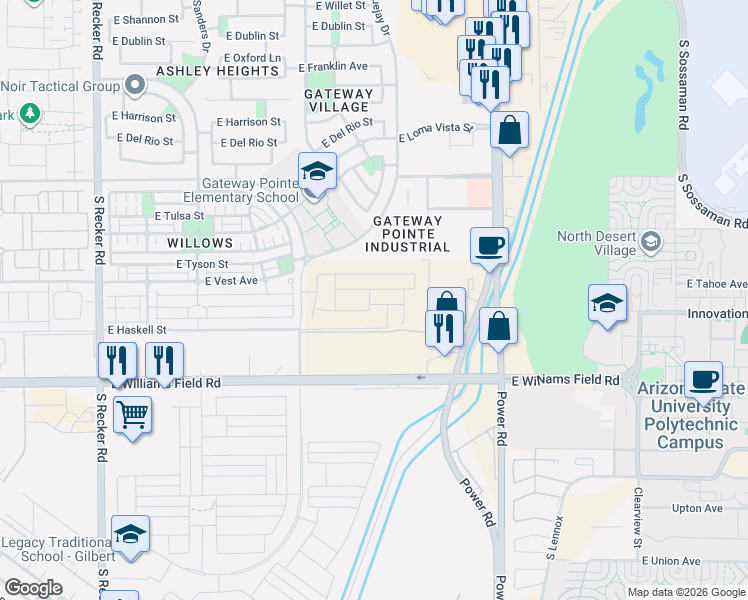 map of restaurants, bars, coffee shops, grocery stores, and more near 2085 Bluejay Dr in Gilbert