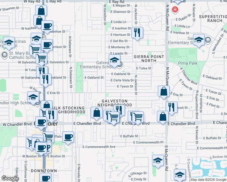 map of restaurants, bars, coffee shops, grocery stores, and more near 681 East Tyson Street in Chandler
