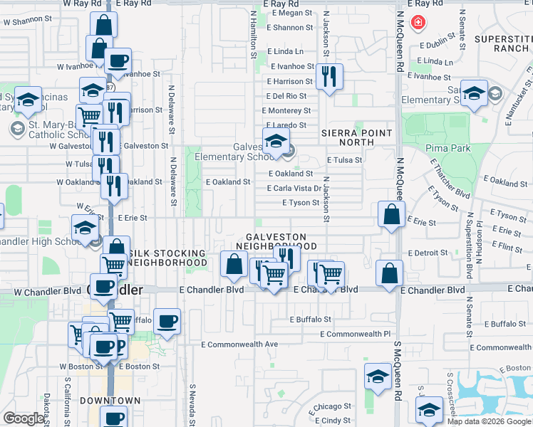 map of restaurants, bars, coffee shops, grocery stores, and more near 605 East Tyson Street in Chandler